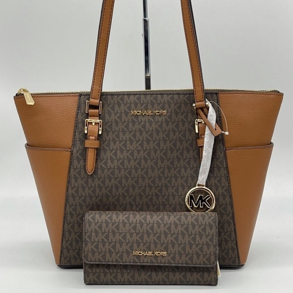 Michael Kors Large Charlotte Tote Bag & Trifold Wallet Brown - Picture 1 of 11